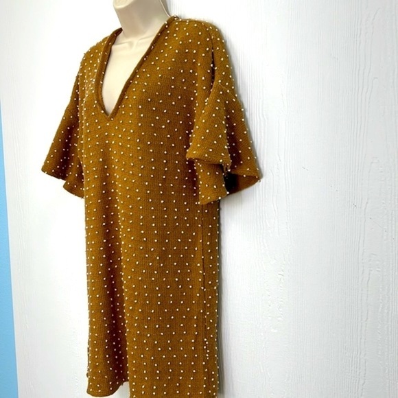 BCBGENERATION- Tan Flared Sleeves White Polka Dot Balls Short Sleeve Dress M - Picture 6 of 12